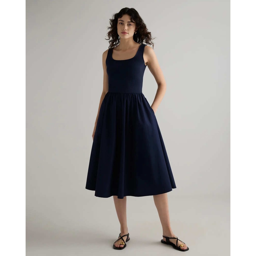 Quince Navy Cotton Mixed Media Tank Midi Dress Small NWT Ribbed Bodice Pockets